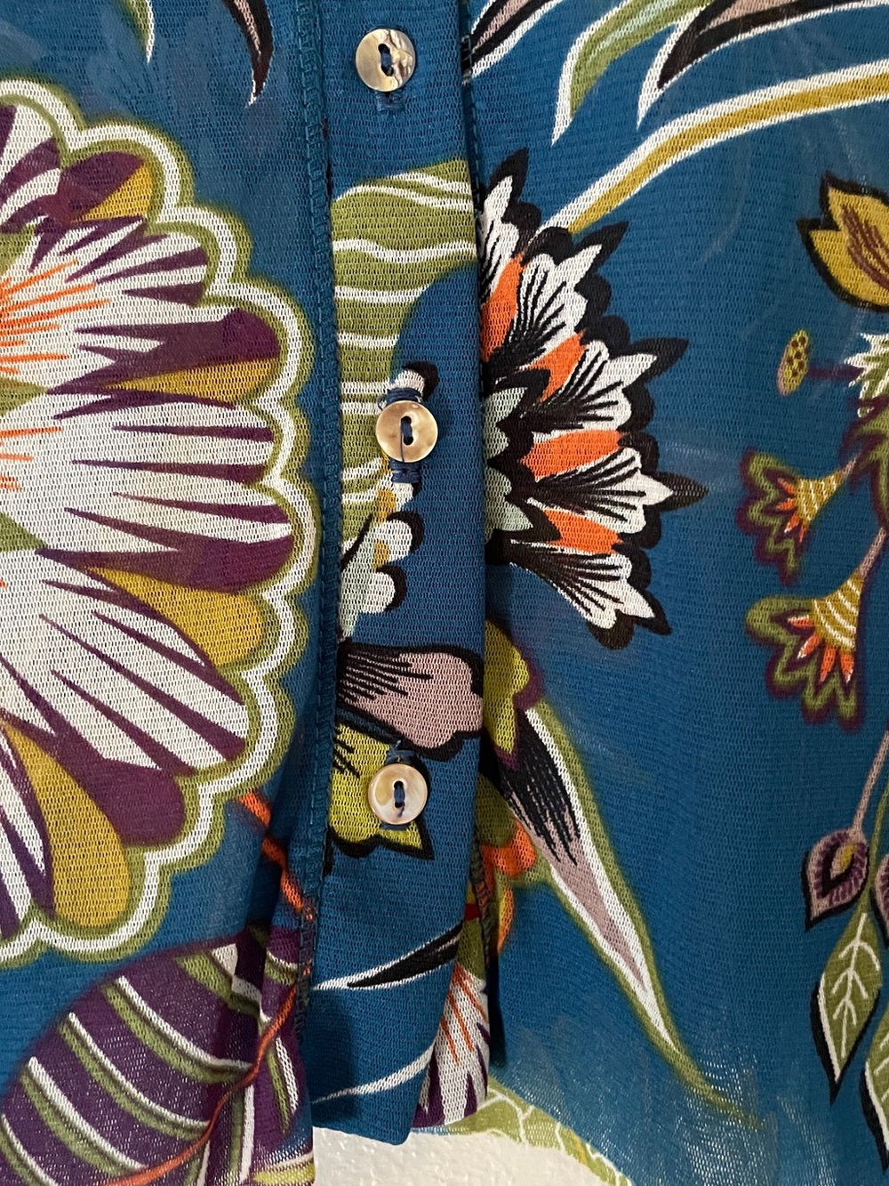 Petit Pois Teal Tropical Floral Sheer Nylon Mesh Blouse Shell Buttons M - Picture 4 of 12